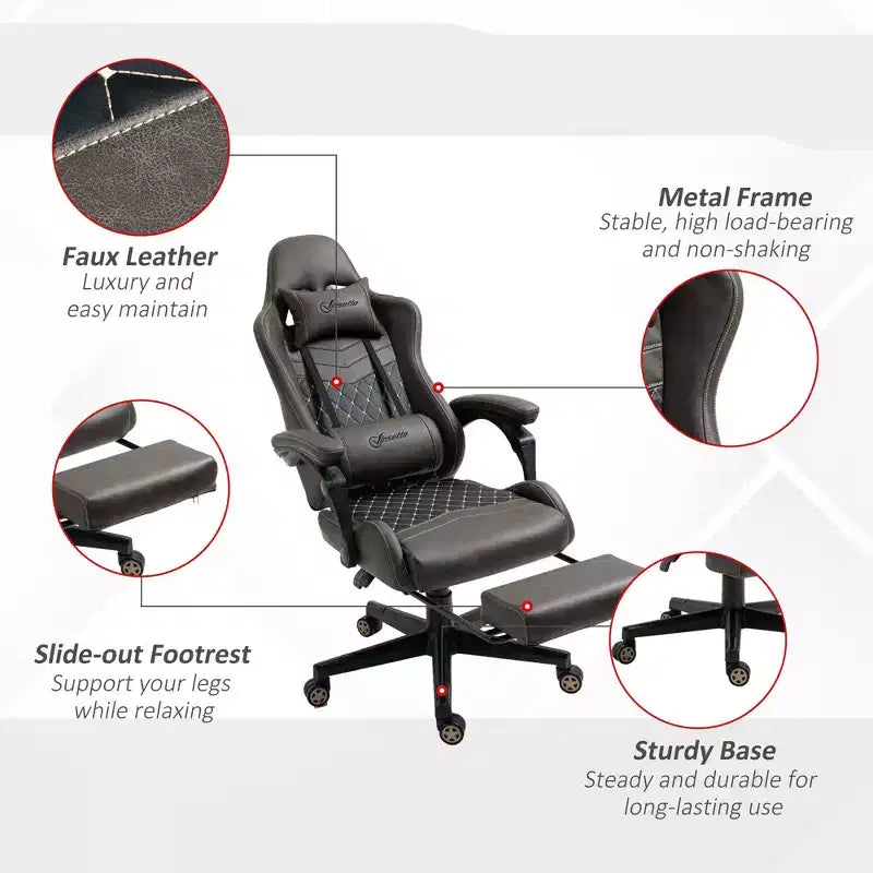 Chaise de jeu à dossier haut, avec appuie-tête, chaise d'ordinateur, avec support lombaire et repose-pieds, chaise de bureau, chaise d'étude, chaise de lecture