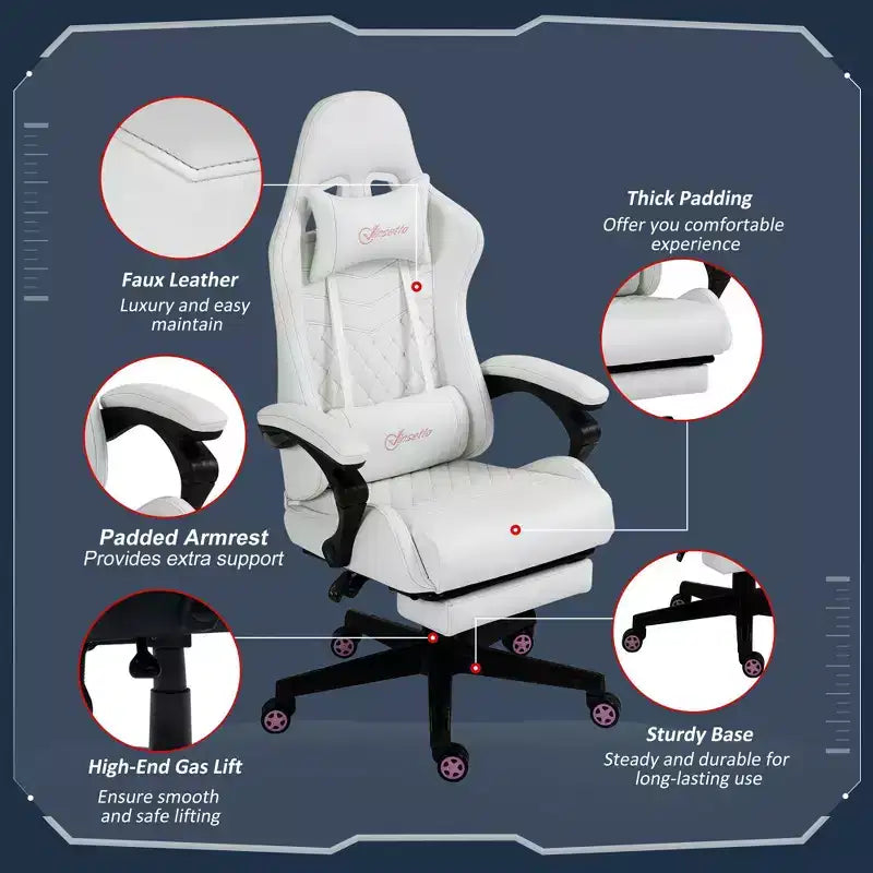 Chaise de jeu à dossier haut, avec appuie-tête, chaise d'ordinateur, avec support lombaire et repose-pieds, chaise de bureau, chaise d'étude, chaise de lecture