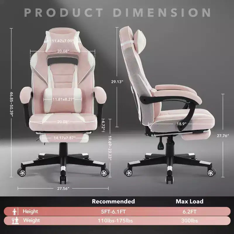 Chaise de bureau ergonomique rose fleur de cerisier avec piédestal, support lombaire et appui-tête.