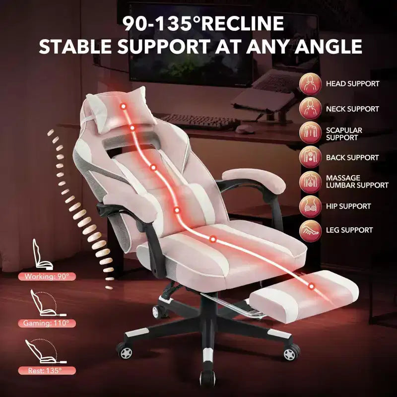 Chaise de bureau ergonomique rose fleur de cerisier avec piédestal, support lombaire et appui-tête.