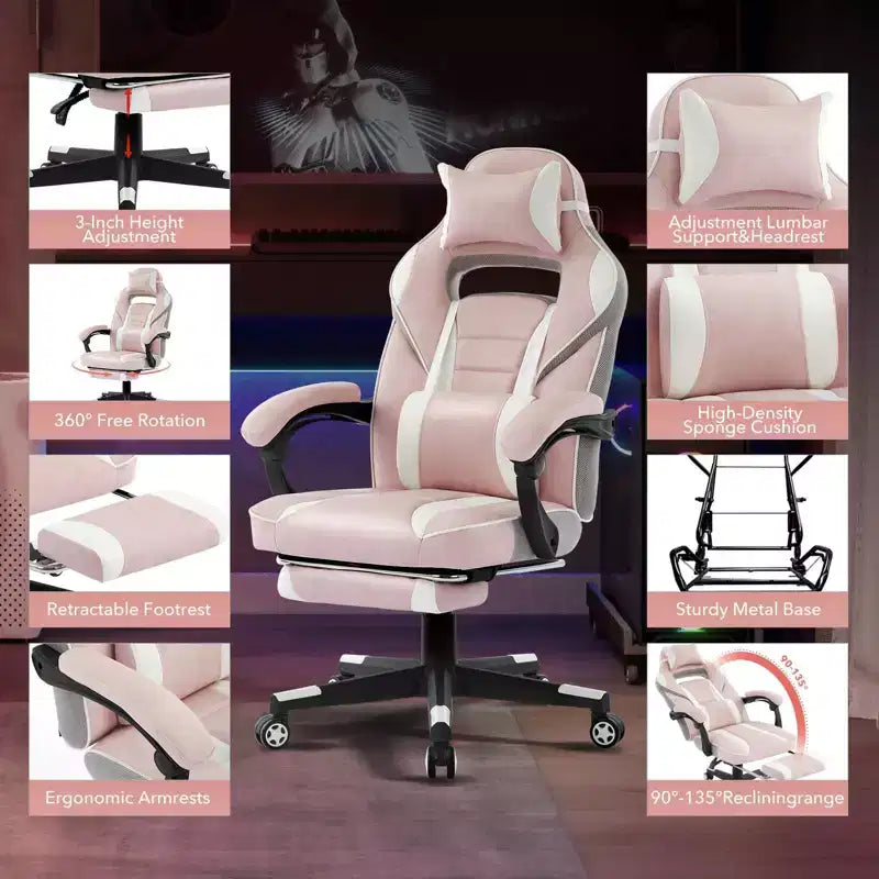 Chaise de bureau ergonomique rose fleur de cerisier avec piédestal, support lombaire et appui-tête.