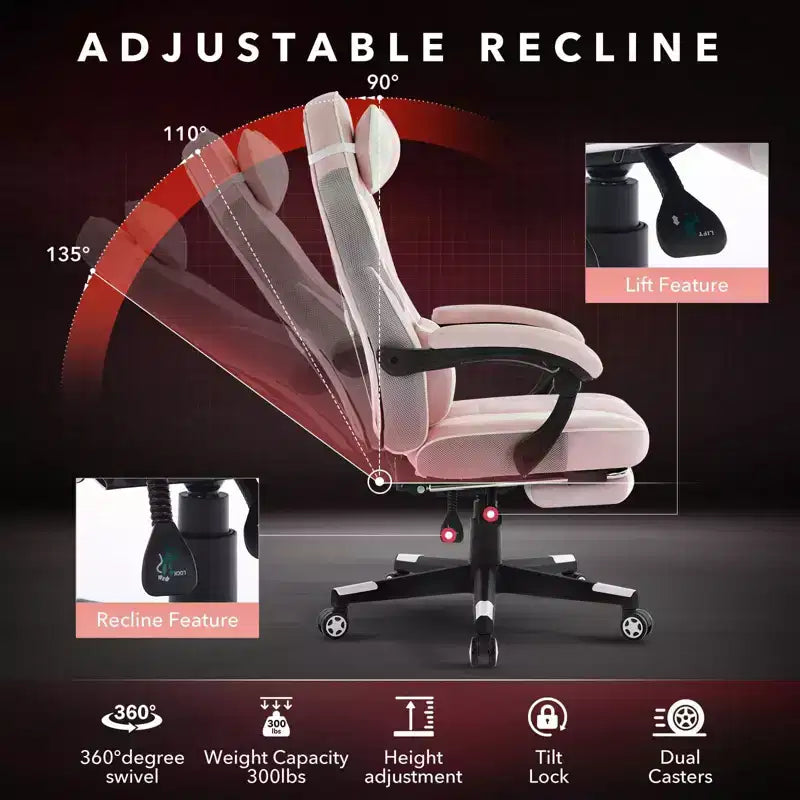 Chaise de bureau ergonomique rose fleur de cerisier avec piédestal, support lombaire et appui-tête.