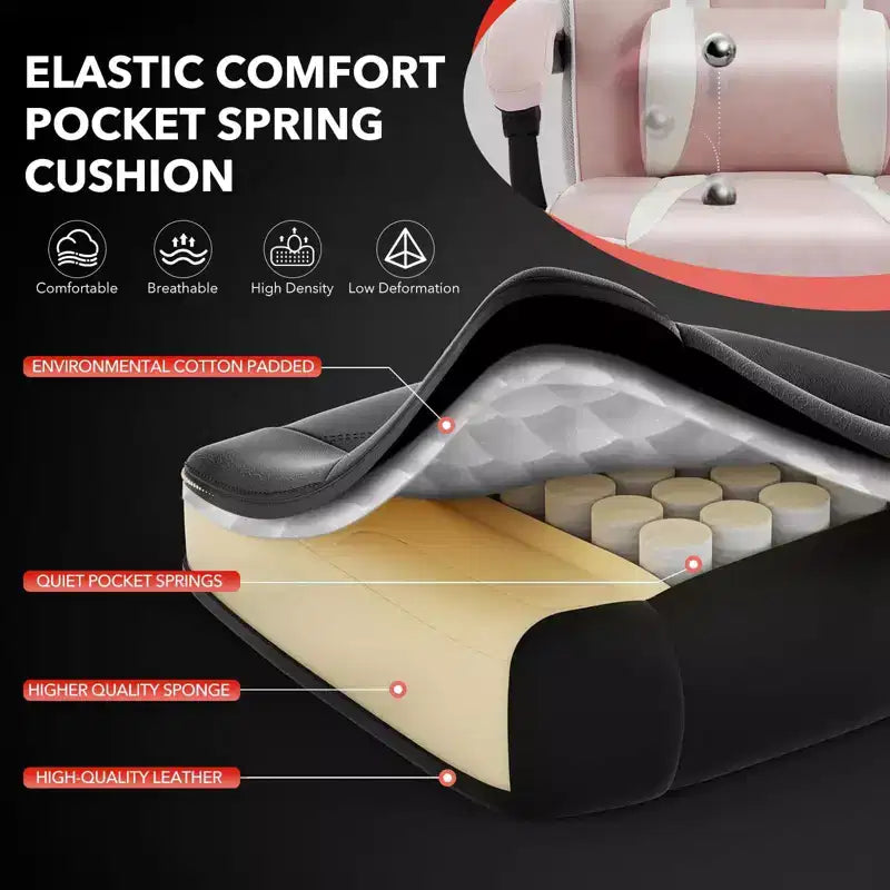 Chaise de bureau ergonomique rose fleur de cerisier avec piédestal, support lombaire et appui-tête.
