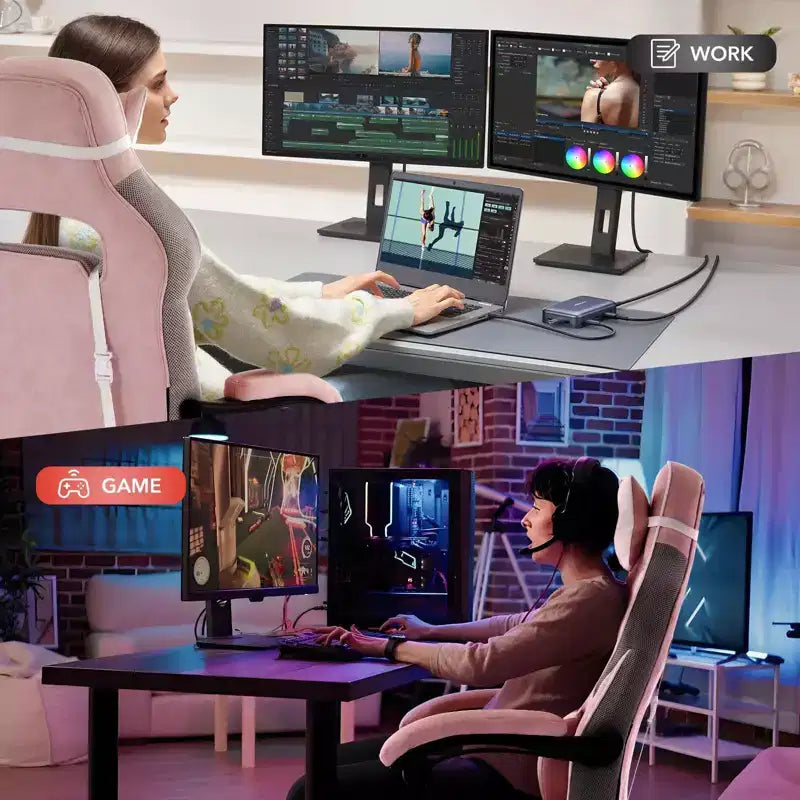 Chaise de bureau ergonomique rose fleur de cerisier avec piédestal, support lombaire et appui-tête.