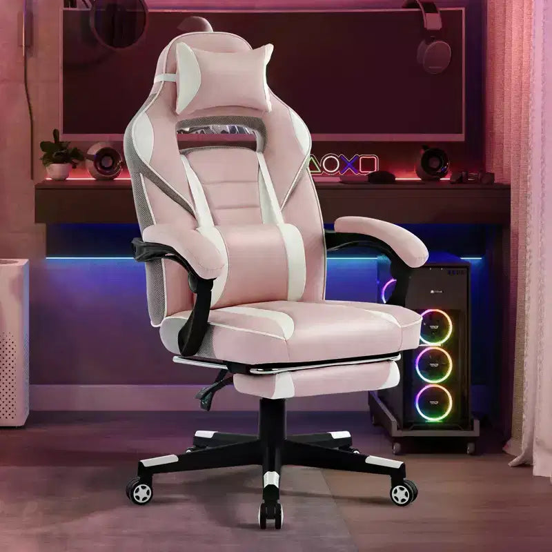 Chaise de bureau ergonomique rose fleur de cerisier avec piédestal, support lombaire et appui-tête.