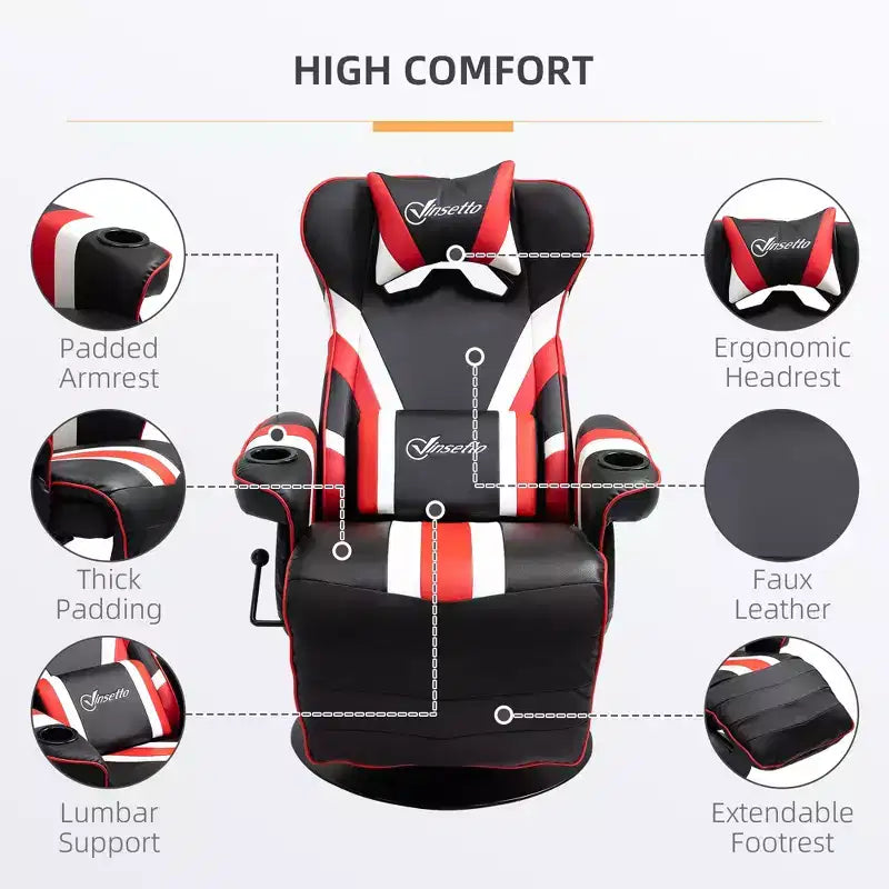 Fauteuil de gamer, Inclinable Style Racing avec Support Lombaire, Repose-Pieds et Porte-Gobelet/Blanc/Rouge