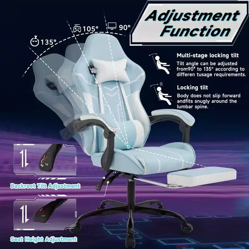 Chaise de gaming MAYEERTY, chaise de bureau, chaise ergonomique avec repose-pieds et support lombaire, convient aux salons, bleue.