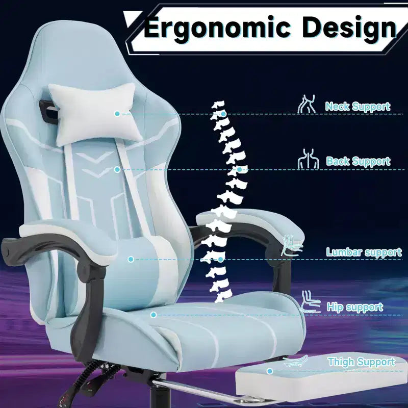 Chaise de gaming MAYEERTY, chaise de bureau, chaise ergonomique avec repose-pieds et support lombaire, convient aux salons, bleue.