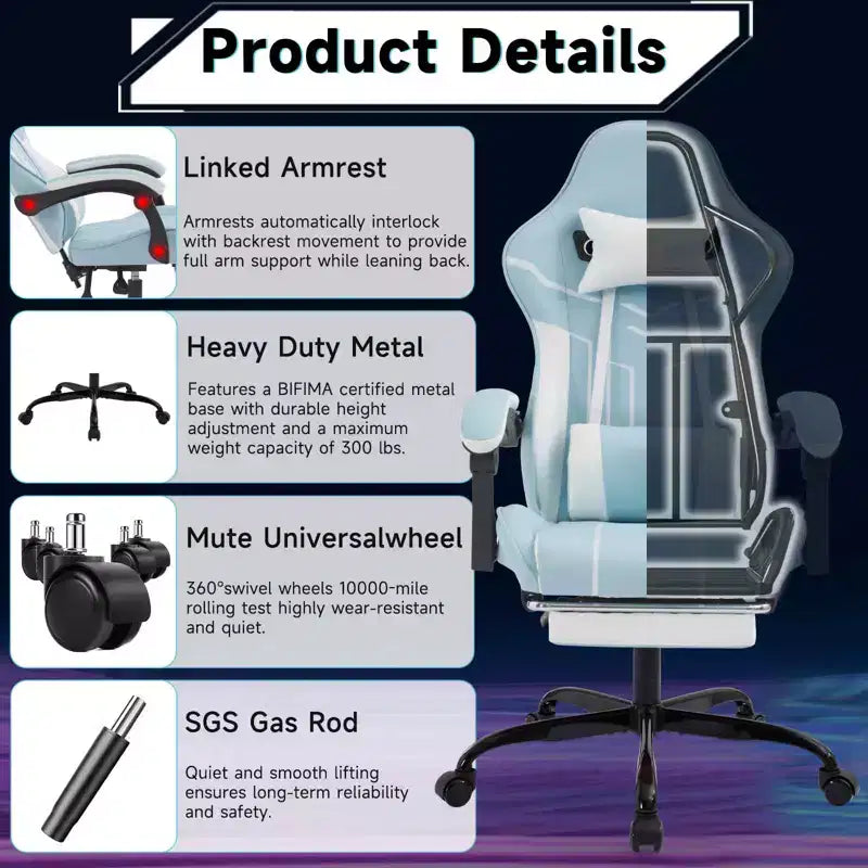 Chaise de gaming MAYEERTY, chaise de bureau, chaise ergonomique avec repose-pieds et support lombaire, convient aux salons, bleue.