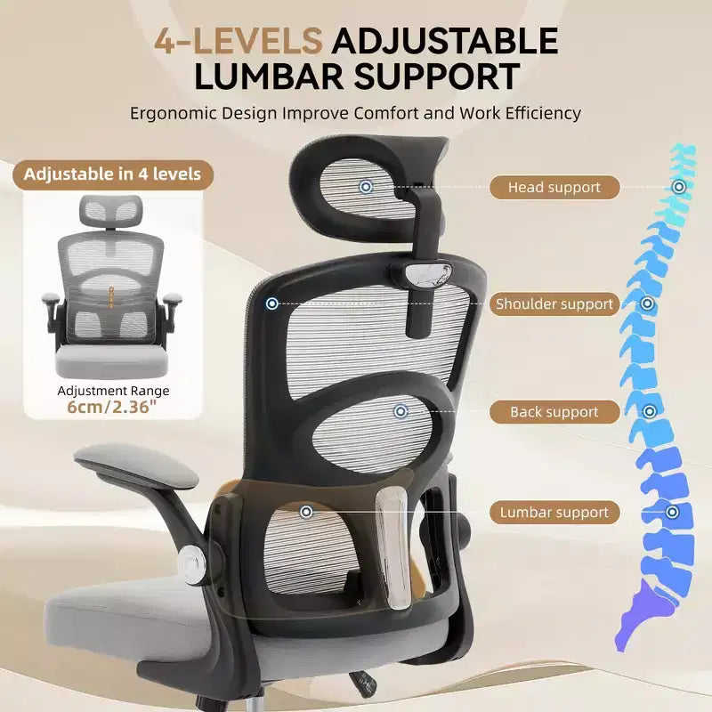 Fauteuil de bureau ergonomique, chaise en maille à dossier haut, avec appui-tête réglable et roulettes.