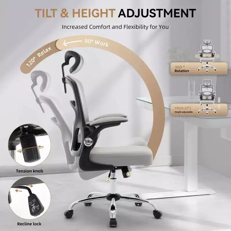 Fauteuil de bureau ergonomique, chaise en maille à dossier haut, avec appui-tête réglable et roulettes.