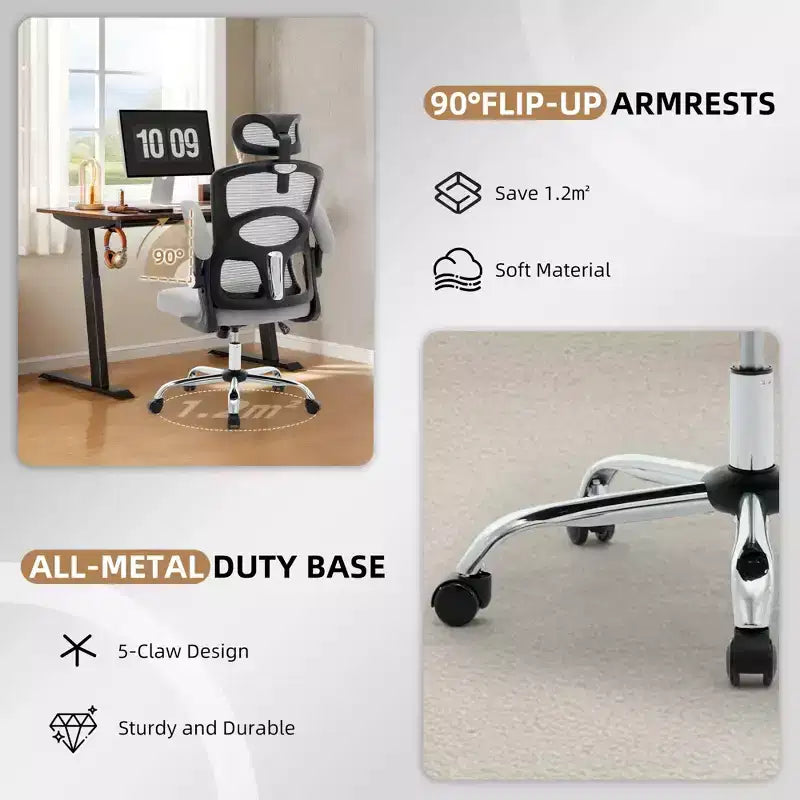 Fauteuil de bureau ergonomique, chaise en maille à dossier haut, avec appui-tête réglable et roulettes.