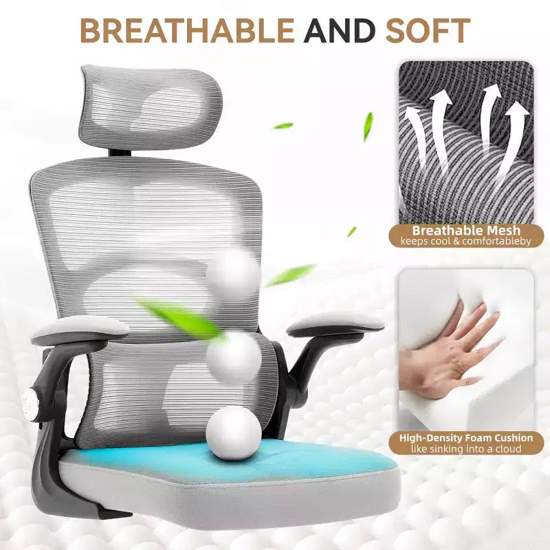Fauteuil de bureau ergonomique, chaise en maille à dossier haut, avec appui-tête réglable et roulettes.