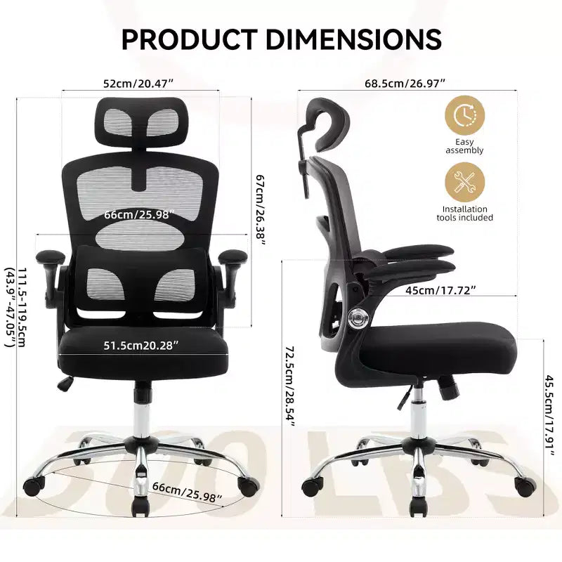 Fauteuil de bureau ergonomique, chaise en maille à dossier haut, avec appui-tête réglable et roulettes.