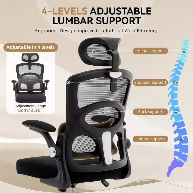 Fauteuil de bureau ergonomique, chaise en maille à dossier haut, avec appui-tête réglable et roulettes.