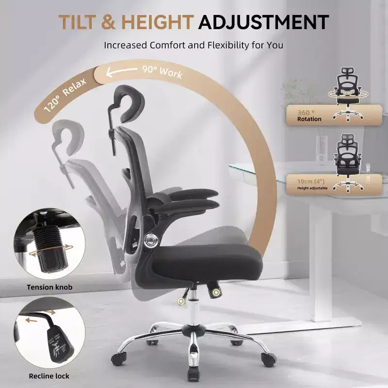 Fauteuil de bureau ergonomique, chaise en maille à dossier haut, avec appui-tête réglable et roulettes.