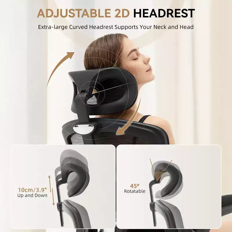 Fauteuil de bureau ergonomique, chaise en maille à dossier haut, avec appui-tête réglable et roulettes.