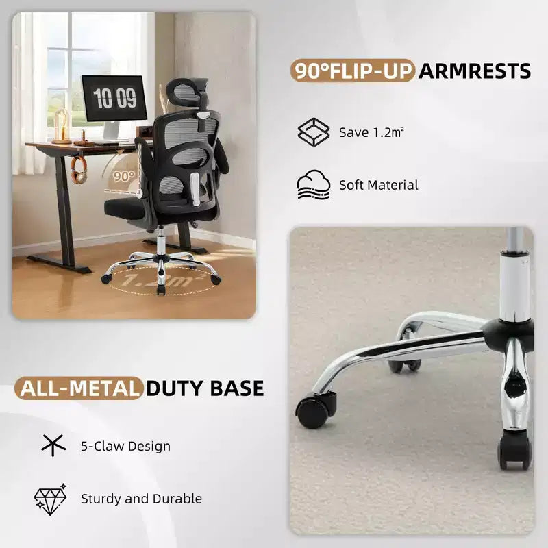 Fauteuil de bureau ergonomique, chaise en maille à dossier haut, avec appui-tête réglable et roulettes.