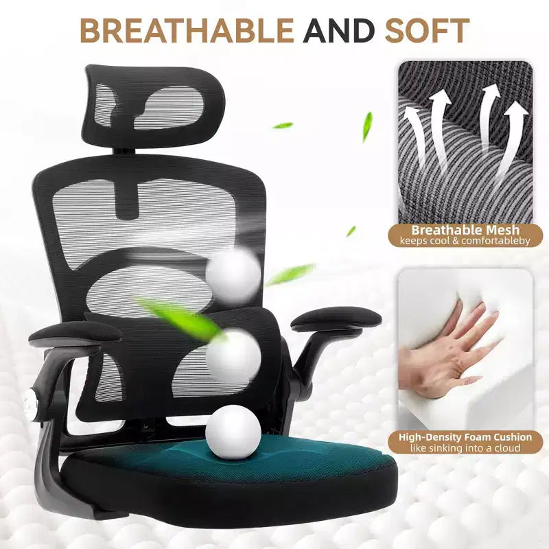 Fauteuil de bureau ergonomique, chaise en maille à dossier haut, avec appui-tête réglable et roulettes.