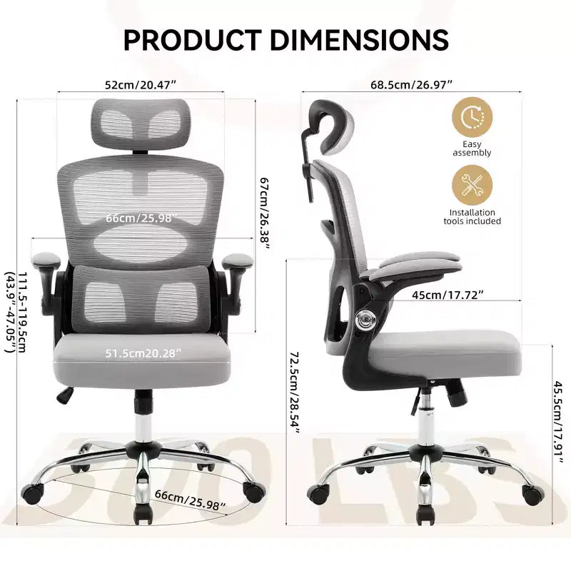 Fauteuil de bureau ergonomique, chaise en maille à dossier haut, avec appui-tête réglable et roulettes.