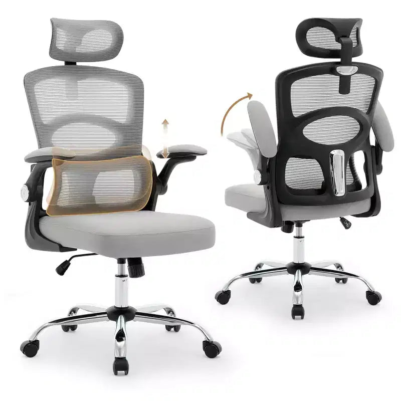 Fauteuil de bureau ergonomique, chaise en maille à dossier haut, avec appui-tête réglable et roulettes.