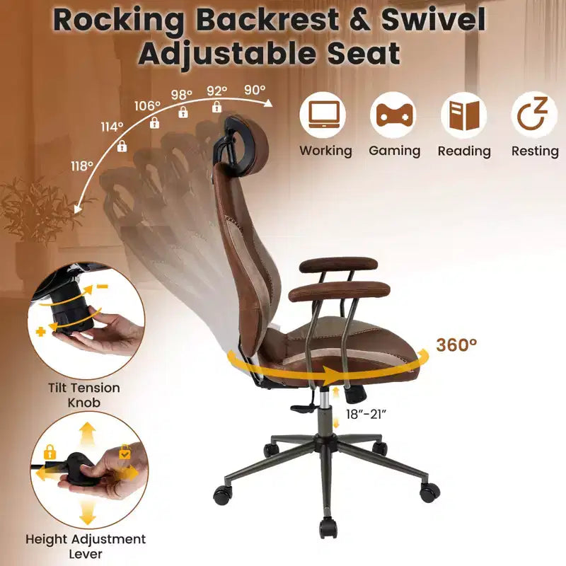 Chaise de bureau ergonomique avec appuie-tête 2D, dossier inclinable et roulettes ; chaise gamer.