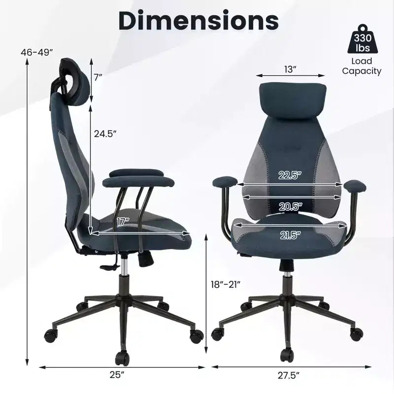 Chaise de bureau ergonomique avec appuie-tête 2D, dossier inclinable et roulettes ; chaise gamer.