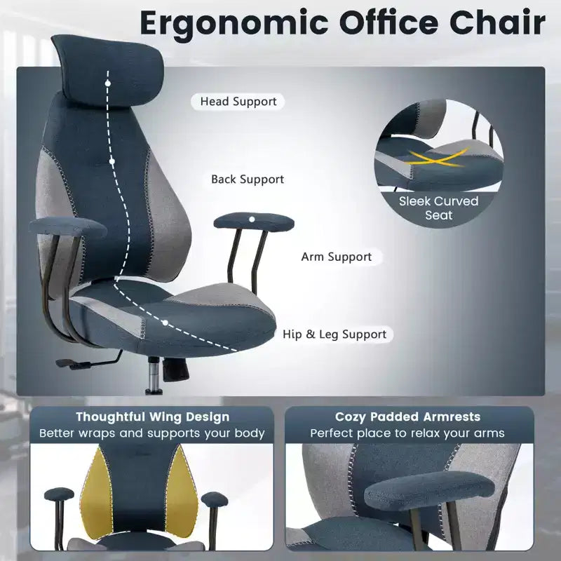 Chaise de bureau ergonomique avec appuie-tête 2D, dossier inclinable et roulettes ; chaise gamer.