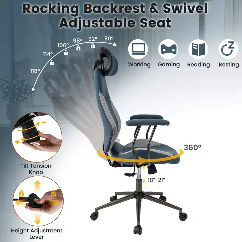 Chaise de bureau ergonomique avec appuie-tête 2D, dossier inclinable et roulettes ; chaise gamer.