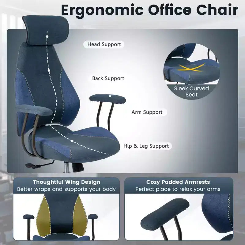 Chaise de bureau ergonomique avec appuie-tête 2D, dossier inclinable et roulettes ; chaise gamer.