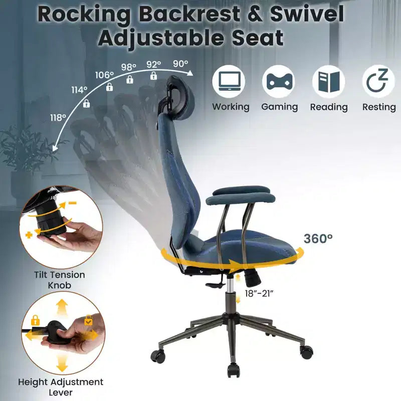 Chaise de bureau ergonomique avec appuie-tête 2D, dossier inclinable et roulettes ; chaise gamer.