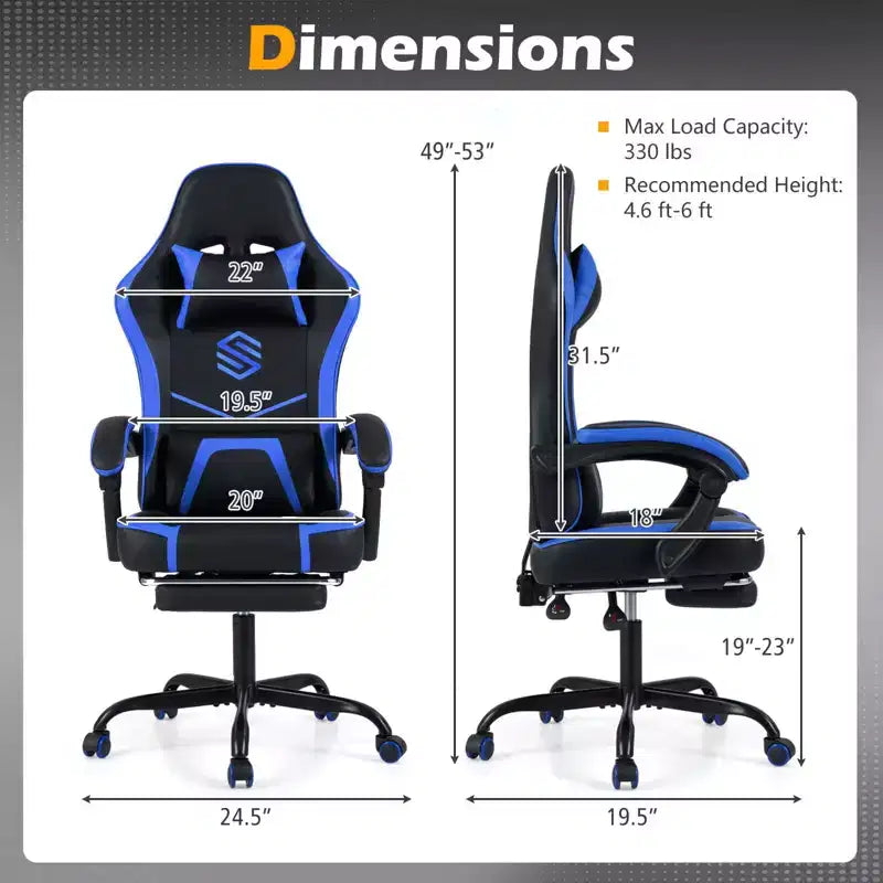 Fauteuil de jeu avec appuie-tête, support lombaire, accoudoirs liés et dossier réglable.