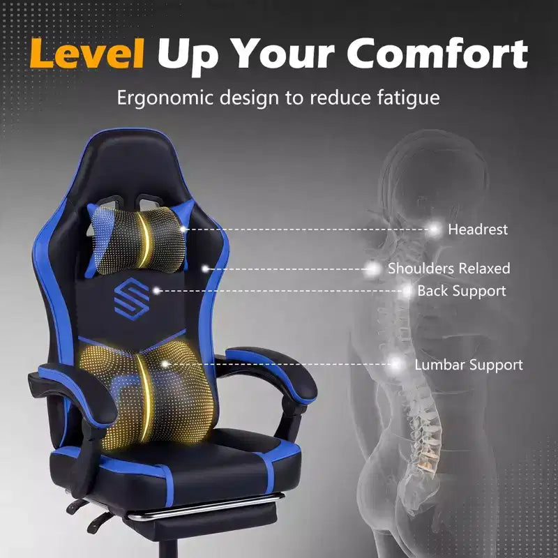 Fauteuil de jeu avec appuie-tête, support lombaire, accoudoirs liés et dossier réglable.