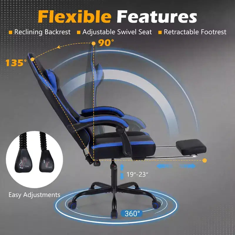 Fauteuil de jeu avec appuie-tête, support lombaire, accoudoirs liés et dossier réglable.