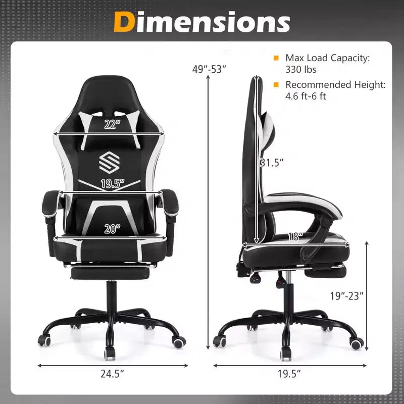 Fauteuil de jeu avec appuie-tête, support lombaire, accoudoirs liés et dossier réglable.