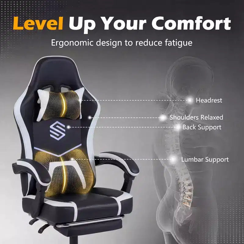 Fauteuil de jeu avec appuie-tête, support lombaire, accoudoirs liés et dossier réglable.