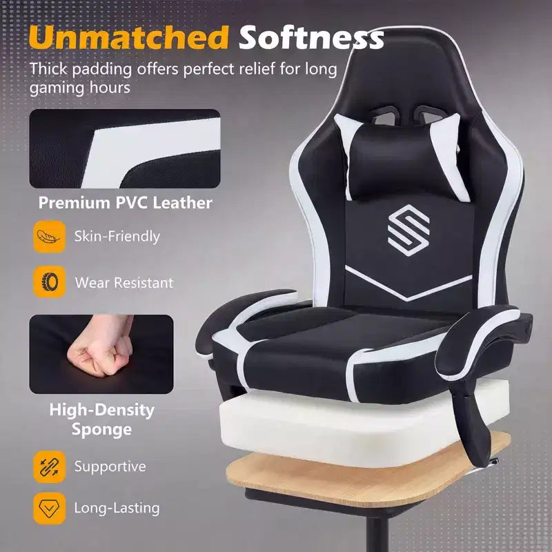 Fauteuil de jeu avec appuie-tête, support lombaire, accoudoirs liés et dossier réglable.