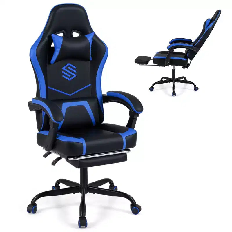 Fauteuil de jeu avec appuie-tête, support lombaire, accoudoirs liés et dossier réglable.