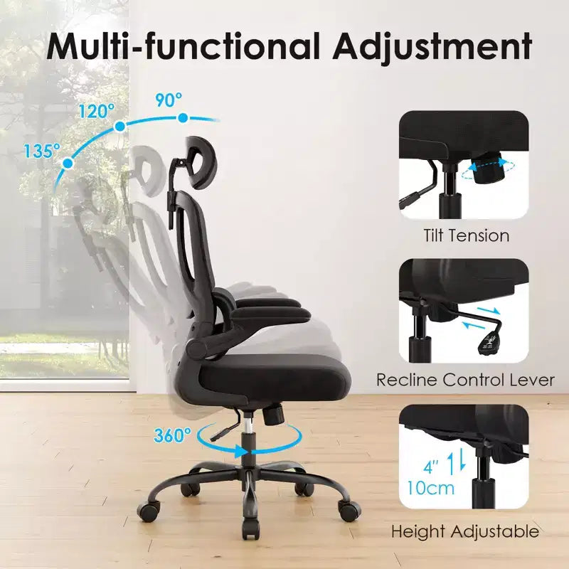 Chaise de bureau ergonomique en maille avec support lombaire réglable, appui-tête et accoudoirs escamotables.