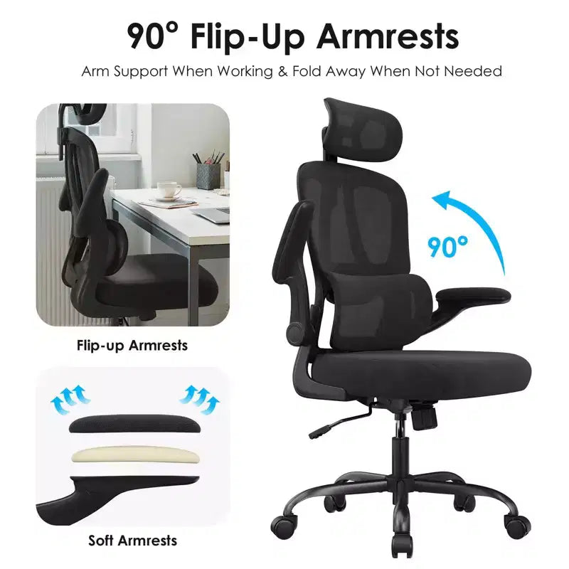 Chaise de bureau ergonomique en maille avec support lombaire réglable, appui-tête et accoudoirs escamotables.