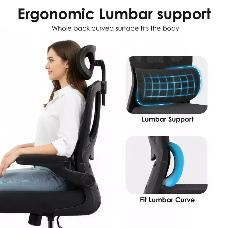 Chaise de bureau ergonomique en maille avec support lombaire réglable, appui-tête et accoudoirs escamotables.