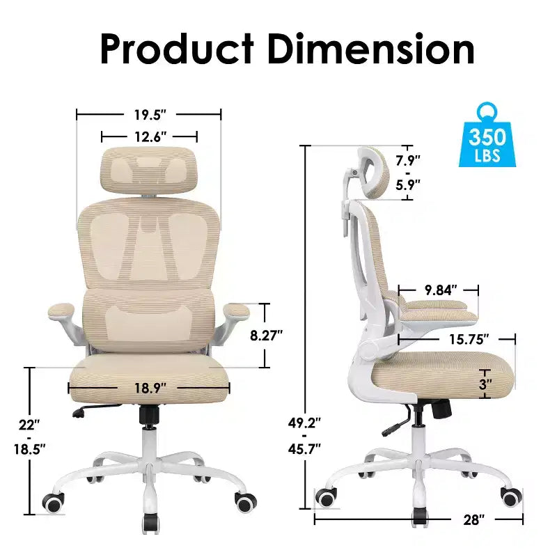 Chaise de bureau ergonomique en maille avec support lombaire réglable, appui-tête et accoudoirs escamotables.