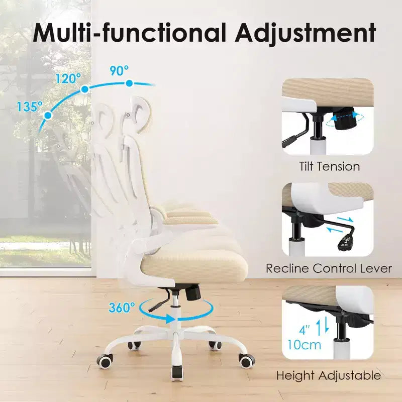 Chaise de bureau ergonomique en maille avec support lombaire réglable, appui-tête et accoudoirs escamotables.