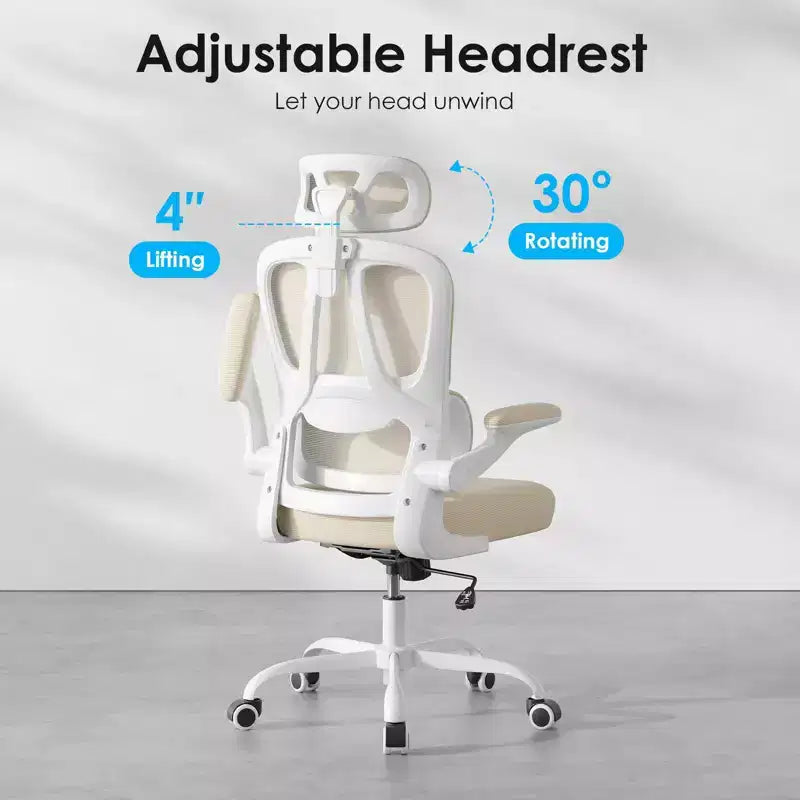 Chaise de bureau ergonomique en maille avec support lombaire réglable, appui-tête et accoudoirs escamotables.