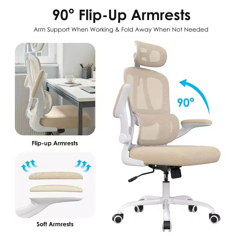 Chaise de bureau ergonomique en maille avec support lombaire réglable, appui-tête et accoudoirs escamotables.