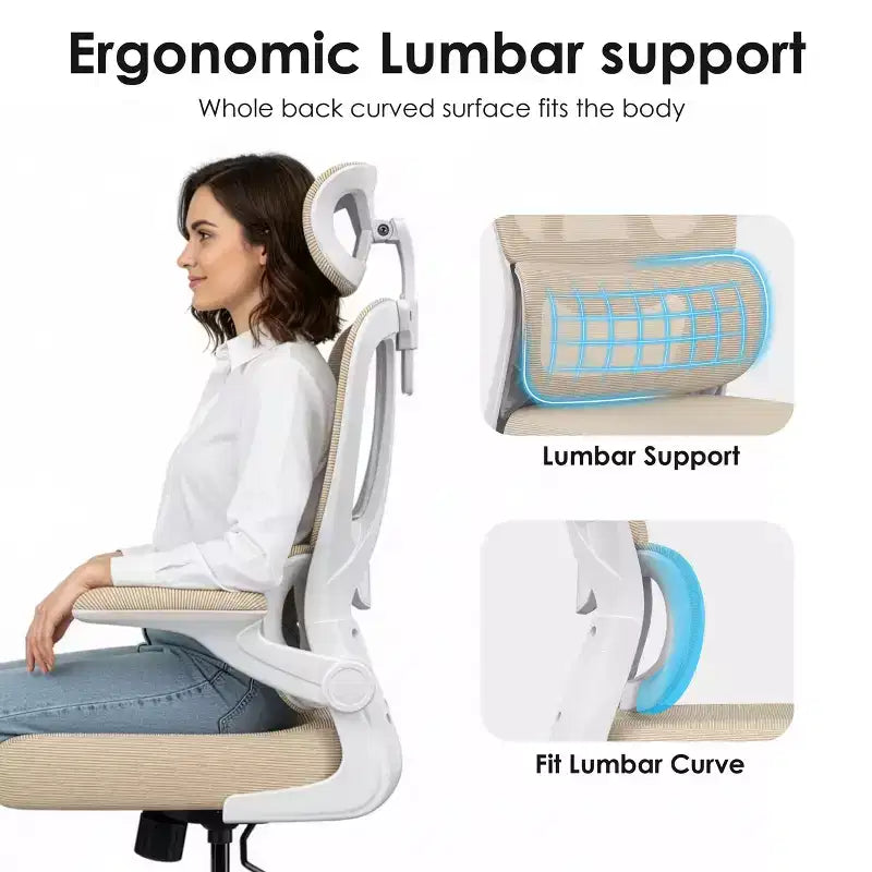 Chaise de bureau ergonomique en maille avec support lombaire réglable, appui-tête et accoudoirs escamotables.