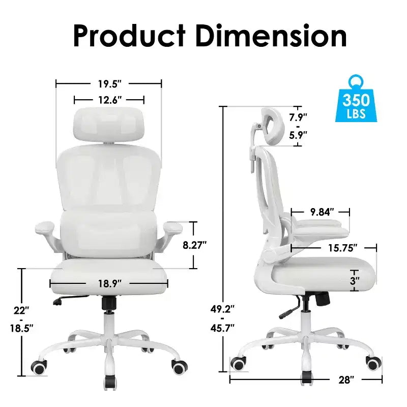 Chaise de bureau ergonomique en maille avec support lombaire réglable, appui-tête et accoudoirs escamotables.