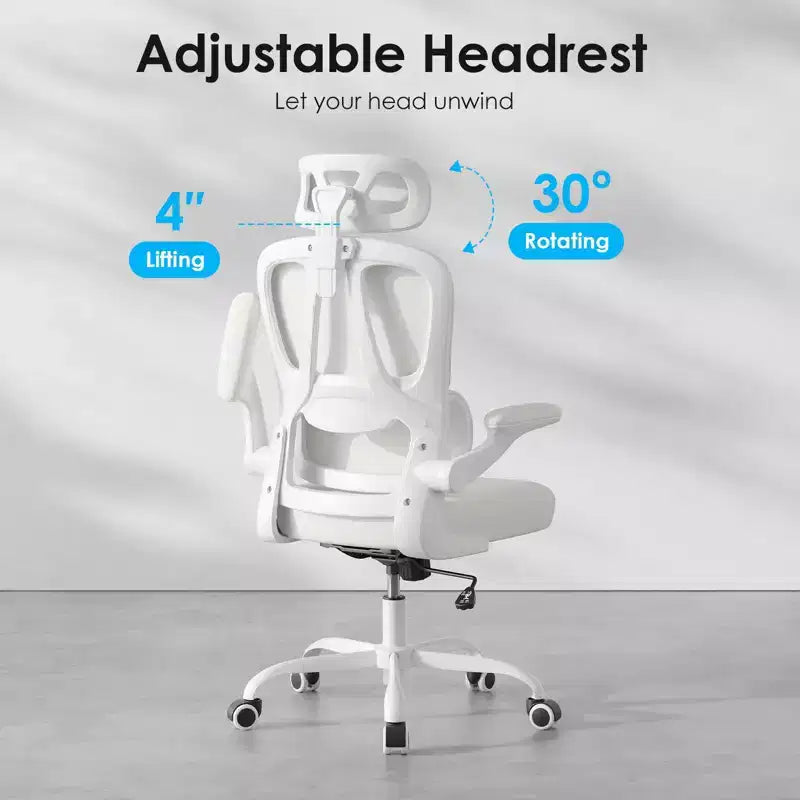 Chaise de bureau ergonomique en maille avec support lombaire réglable, appui-tête et accoudoirs escamotables.
