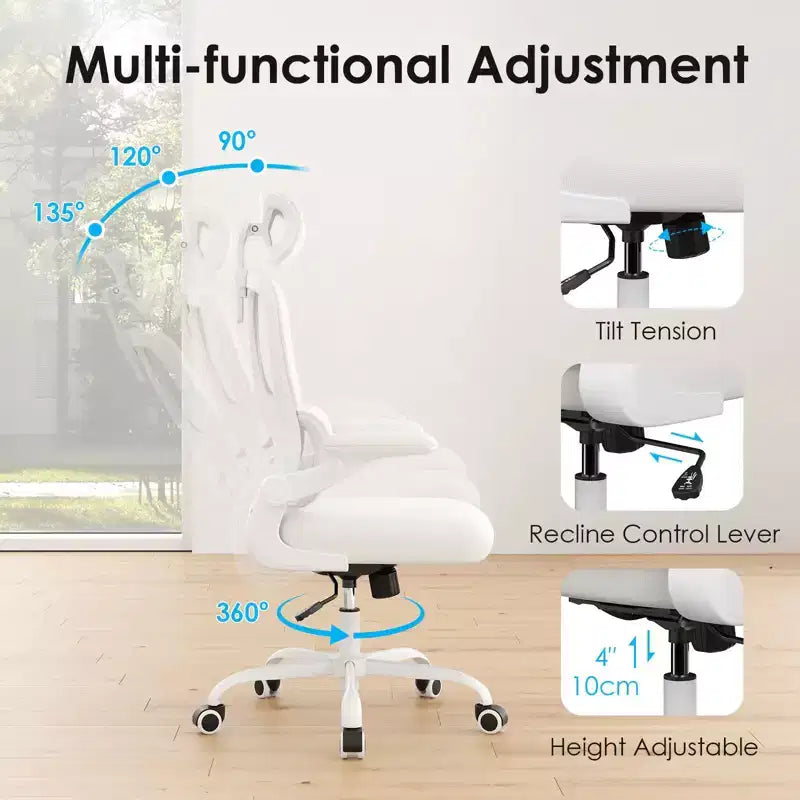 Chaise de bureau ergonomique en maille avec support lombaire réglable, appui-tête et accoudoirs escamotables.