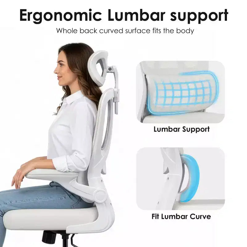 Chaise de bureau ergonomique en maille avec support lombaire réglable, appui-tête et accoudoirs escamotables.
